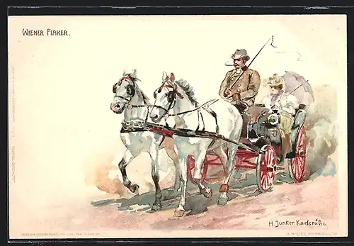 Künstler-AK H. Junker: Pferdekutschen mit edlen Rössern, Wiener Fiaker