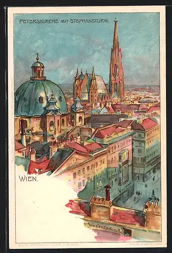 Künstler-Lithographie H. Junker: Wien, Peterskirche mit Stephansturm