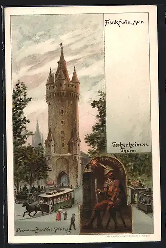 Lithographie Frankfurt a. Main, Eschenheimer Turm mit Pferdebahn, H. Winkelsee