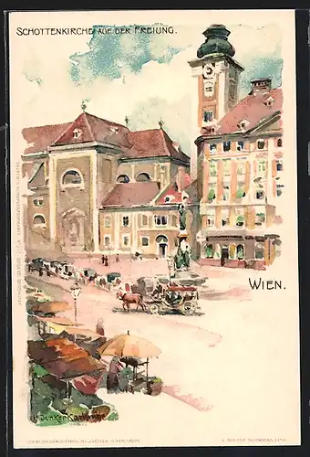 Künstler-Lithographie H. Junker: Wien, Schottenkirche auf der Freiung, Marktstände, Pferdekutsche
