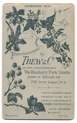 Fotografie Trew & Co., Finsbury Park Studio, Seven Sisters Rd. 238, Dame im schwarzen Kleid liest ein Buch im Profil