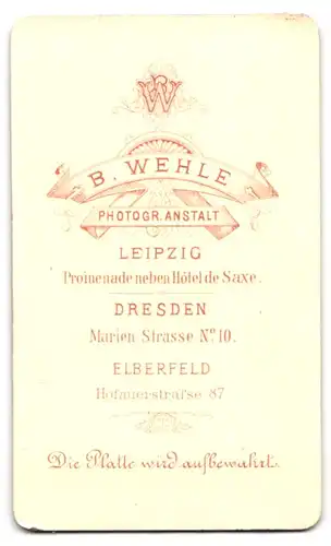 Fotografie B. Wehle, Elberfeld, Hofauerstr. 87, Adretter bürgerlicher Herr im dunklen Anzug mit gezwirbeltem Schnurrbart