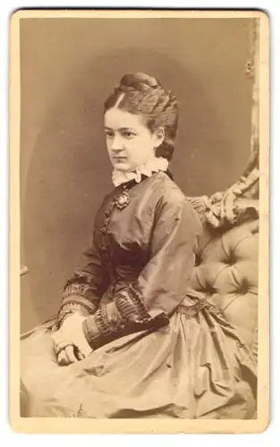 Fotografie P. Schindler, Regensburg, junge Dame im Kleid mit streng zurückgebundenen Haaren, Brosche