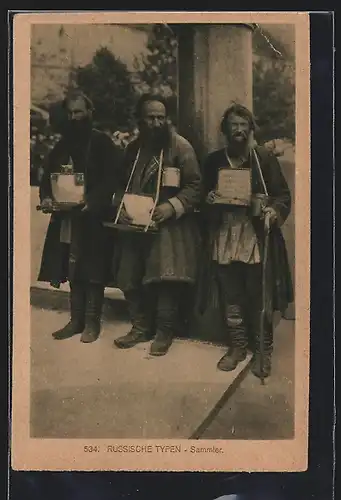 AK Russische Typen, Almosen-Sammler vor einer Kirche