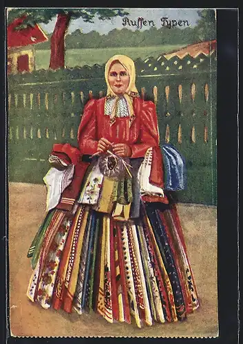 AK Russische Strassenändlerin mit Strickzeug und Ware