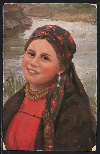 AK Russisches Mädchen mit geblümtem Kopftuch