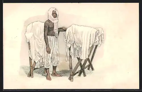 Lithographie Tuchhändler mit Kopfschal und Ware auf Böcken