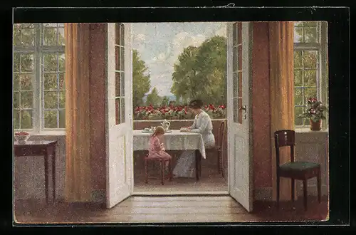 Künstler-AK sign. N. Holtmark: Auf der Veranda