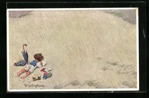 Künstler-AK H.S.B.: Wissensdrang, Kind mit Buch in den Dünen