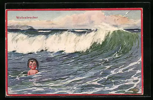 Künstler-AK H.S.B. 937: Wellenbrecher, Mädchen schaut aus dem Wasser heraus