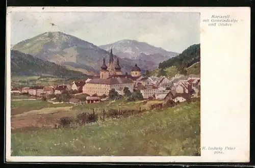 Künstler-AK Karl Ludwig Prinz: Mariazell, Gesamtansicht mit Gemeindealpe und Ötscher