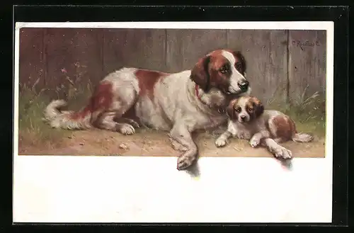 Künstler-AK Carl Reichert: Hündin mit ihrem Welpen