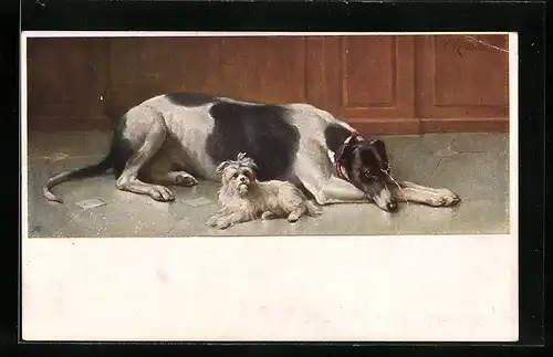 Künstler-AK Carl Reichert: Liegender Windhund mit kleinem Gefährten