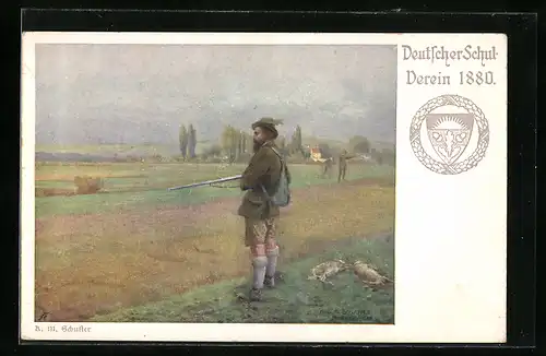 Künstler-AK R. M. Schuster: Deutscher Schulverein Nr. 308: Jäger mit Gewehr und zwei erlegten Hasen