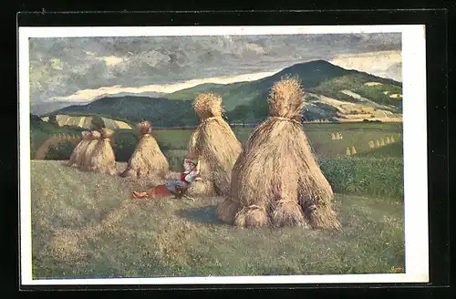 Künstler-AK Karl Maria Schuster: Erntezeit, Frau nach der Weizenernte