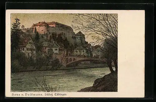 Künstler-AK Hans von Volkmann: Tübingen, Schloss Tübingen mit Brücke