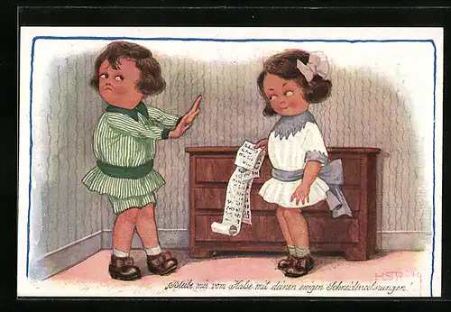 Künstler-AK H.S.B.: Frau mit Schneiderrechnungen und Mann