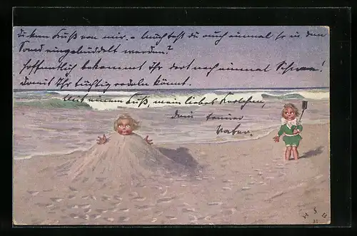 Künstler-AK H.S.B.: Kind ist am Strand in eine Sandburg eingebuddelt