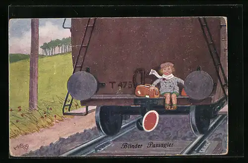 Künstler-AK H.S.B.: Kleiner Junge fährt auf dem letzten Waggon eines Zuges mit in den nächsten Bahnhof
