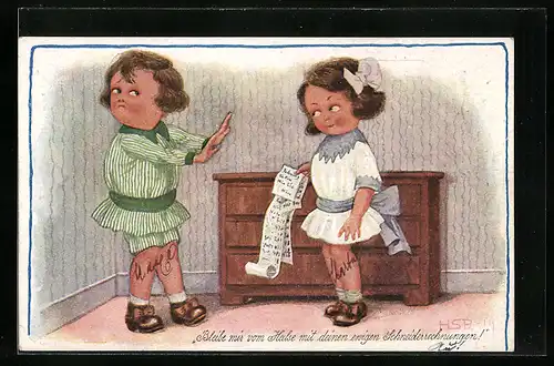 Künstler-AK H.S.B.: Frau mit Schneiderrechnungen und Mann