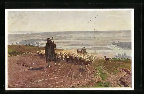 Künstler-AK Otto Strützel: Schäfer mit heimziehender Herde