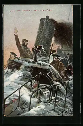 Künstler-AK Hans Bohrdt: Klar zum Gefecht, Ran an den Fein, Matrosen auf einem Kriegsschiff