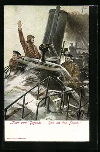 Künstler-Lithographie Hans Bohrdt: Besatzung eines Kriegsschiffes ist Klar zum Gefecht - Ran an den Feind!