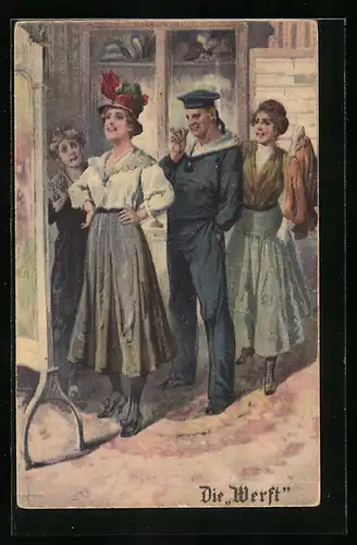 AK Immer seemännisch Nr. 3, Die Werft, Matrose und junge Dame bei Kleideranprobe
