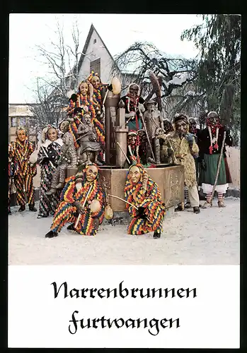 AK Furtwangen, Narrenbrunnen, Einweihung 1984 mit Fasnetfiguren Spättle, Hexe und Bodenwälder