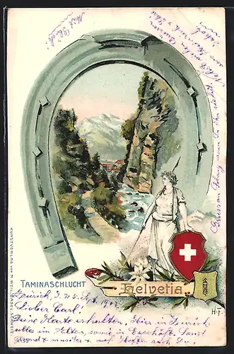 Lithographie Bad Ragaz, Taminaschlucht, Gebirgsidyll im Hufeisenrahmen, Helvetia
