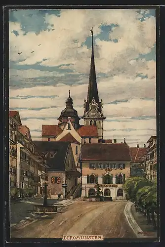Künstler-AK Beromünster, Partie mit Kirchturm