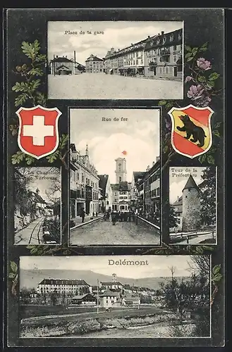AK Delemont, Rue de fer, Place de la Gare, Ortsansicht, Wappen