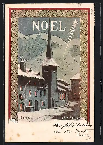 Künstler-AK Aigle, Winterliche Strasse bei der Kirche, Weihnachtsgruss