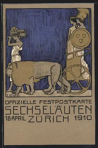 Lithographie Zürich, Festpostkarte Sechseläuten 1910, Antike Figuren mit Wagen und Löwe
