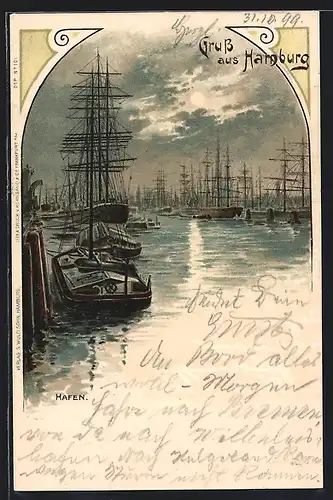 Lithographie Hamburg, Hafen, Segelschiffe bei Vollmond