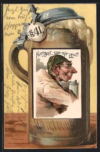 Lithographie Trinkerbildnis auf Bierkrug, Schild §11