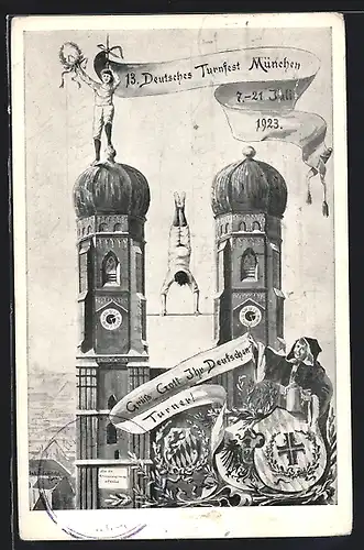 AK München, Turnfest 1923, Liebfrauenkirche und Münchner Kindl