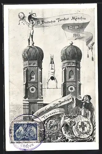 AK München, Turnfest 1923, Liebfrauenkirche und Münchner Kindl