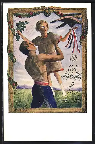 AK Prag, Mann hebt ein Mädchen in die Höhe, das einen Adler hält, Sokol, 1926