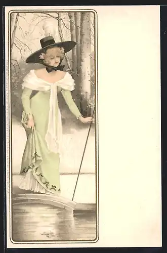 Künstler-AK Meissner & Buch (M&B) Nr. 1053: Schöne Frau mit Hut am Wasser