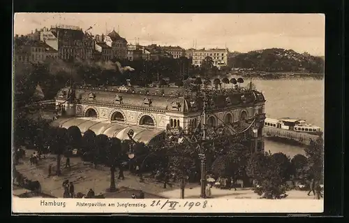 AK Hamburg-Neustadt, Alsterpavillon am Jungfernstieg, Grand Hotel Vier Jahreszeiten im Hintergrund
