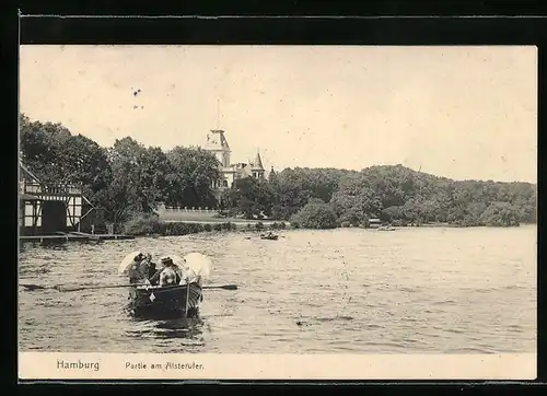 AK Hamburg-Rotherbaum, Flusspartie am Alsterufer mit Ruderboot