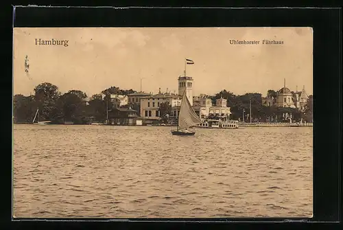 AK Hamburg, Flusspartie am Uhlenhorster Fährhaus mit Segelboot