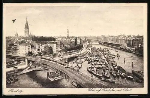 AK Hamburg, Blick auf Freihafen und Stadt