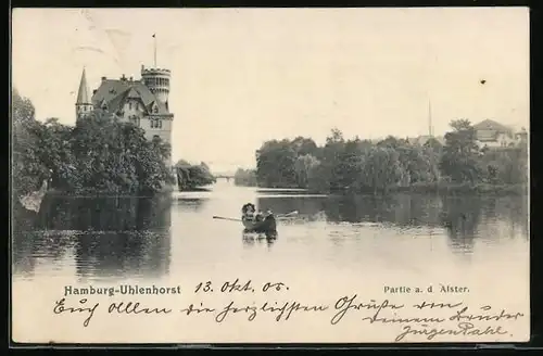 AK Hamburg-Uhlenhorst, Flusspartie an der Alster mit Ruderboot