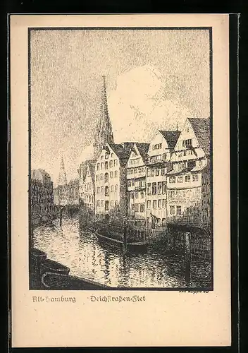 Künstler-AK Alt-Hamburg, Flusspartie am Deichstrassen-Flet