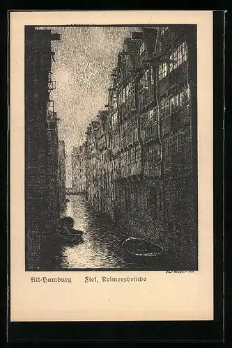 Künstler-AK Hamburg, Flet und Reimersbrücke in Alt-Hamburg
