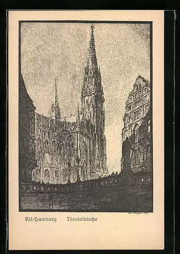Künstler-AK Hamburg, Blick auf die Nicolaikirche