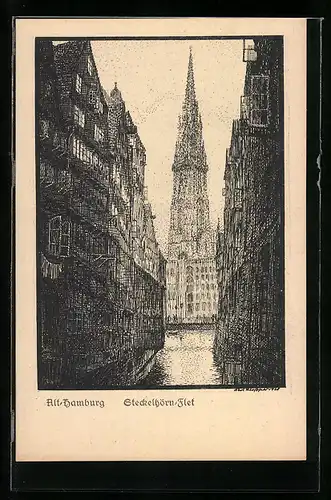 Künstler-AK Alt-Hamburg, Steckelhörn-Flet mit Kirchturm im Hintergrund