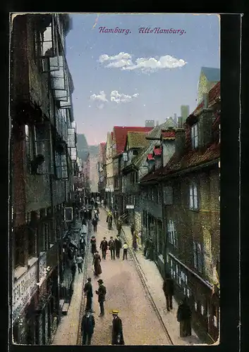 Künstler-AK Alt-Hamburg, Strassenpartie mit Geschäften und Menschen
